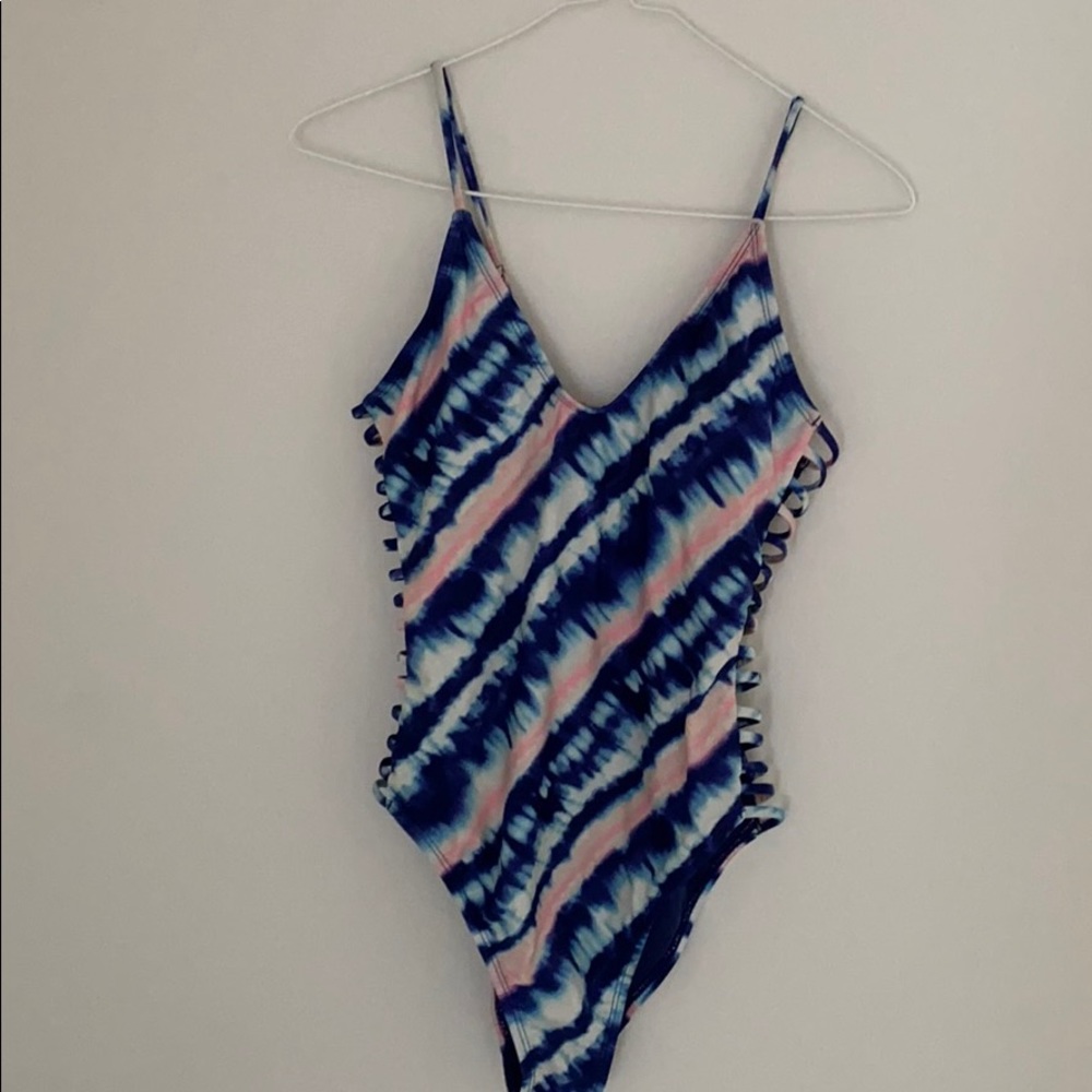 Pink and blue tie dye one piece bathing suit